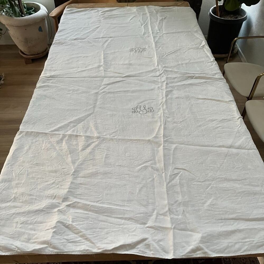 White Linen Tablecloth 61 x 80 in Gray "BYB" Embroidery Square Damask Pattern